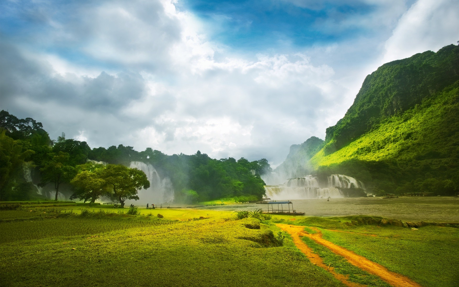 waterfalls nature grass outdoors landscape travel rural sky summer fog tree countryside wood scenic mist water rain lush