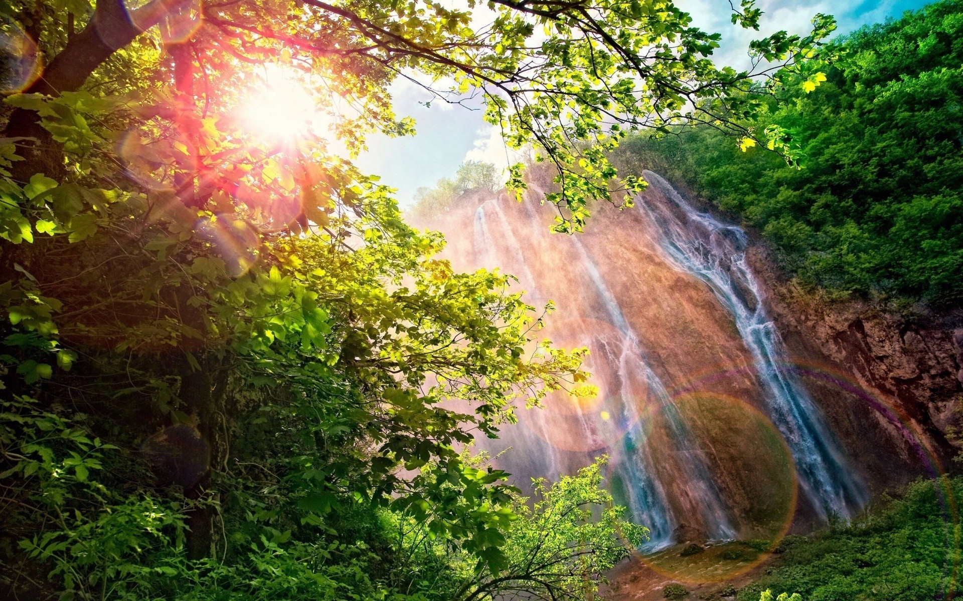 waterfalls nature wood leaf tree landscape outdoors park fall bright beautiful summer fair weather color season environment water sun flora