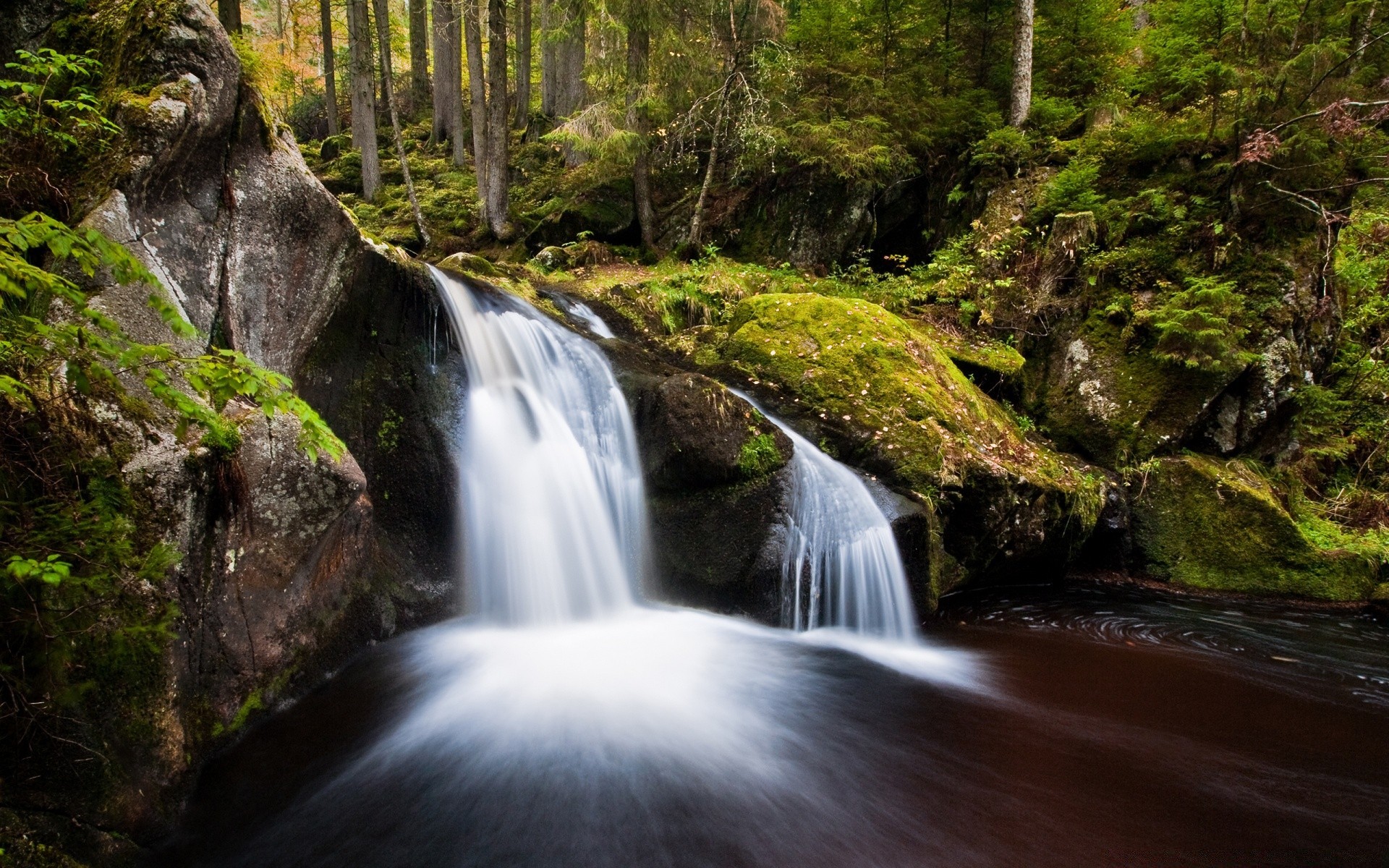 waterfalls waterfall water stream river wood moss creek nature rock fall flow cascade motion landscape leaf outdoors tree mountain travel