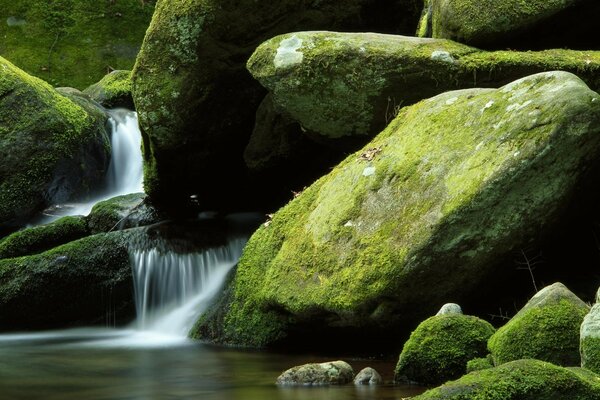 Waterfall on rocks covered with moss