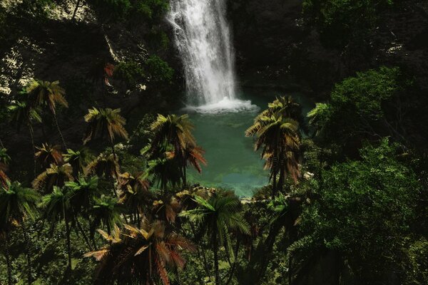 Wasserfall in den Tropen mit blauem Wasser