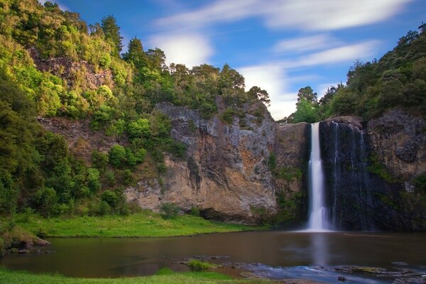 Paysage d été d une cascade parmi les arbres sur le versant de la montagne