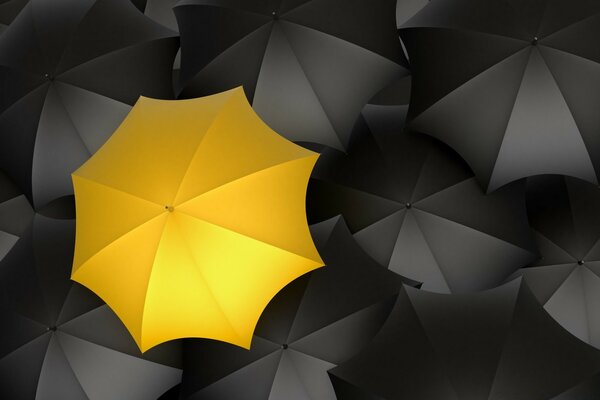 Bright yellow umbrella among black