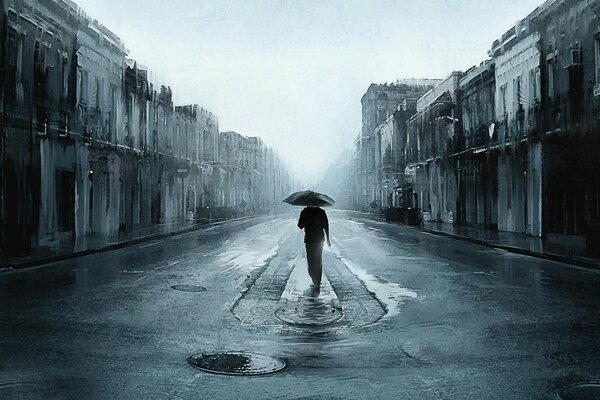 Paysage gris. Au centre, un homme sous un parapluie