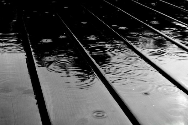 木头上的街道上的雨滴