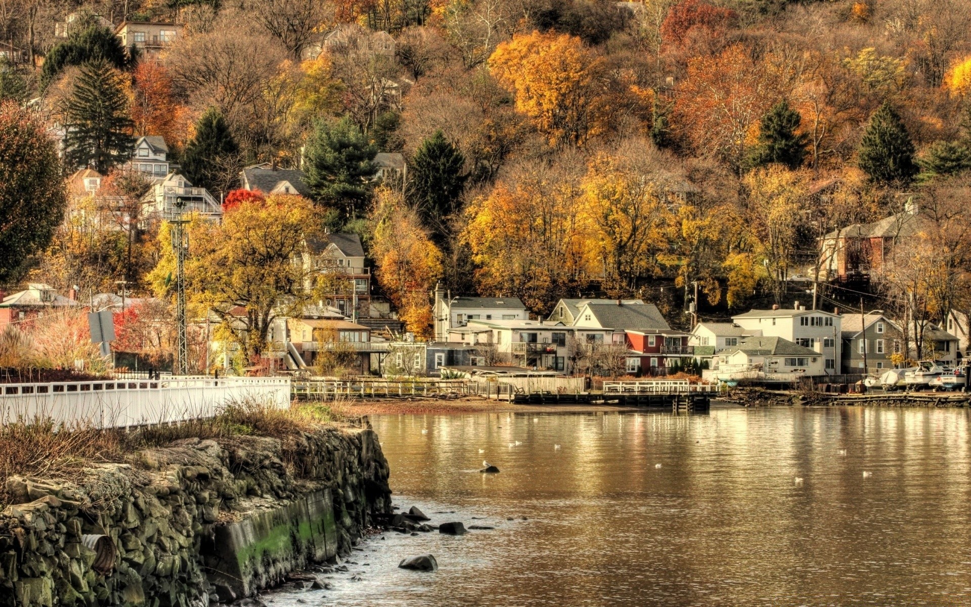 autumn fall tree water river house building landscape nature reflection lake travel architecture wood outdoors city bridge sky scenic