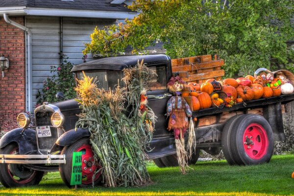 Retro car decorated for Halloween with dolls, sheaves and pumpkins