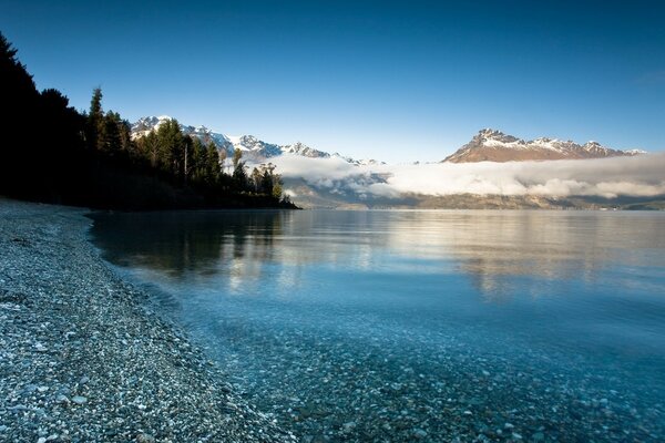 Landscape of a lake in a mountainous area on the background