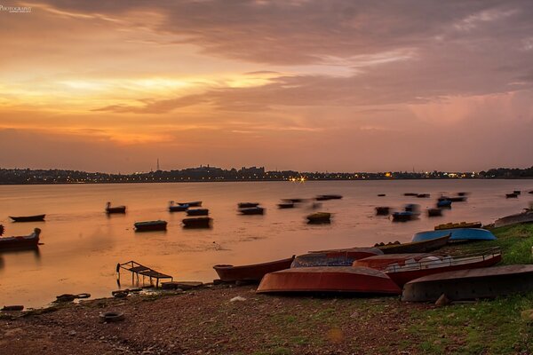 Les couleurs délicates du coucher de soleil d été au bord du lac