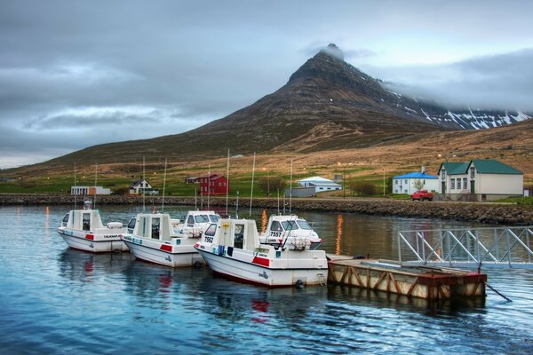 Boats are parked on the water near the shore