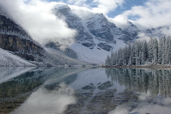 Lake on the background of a snowy mountain landscape