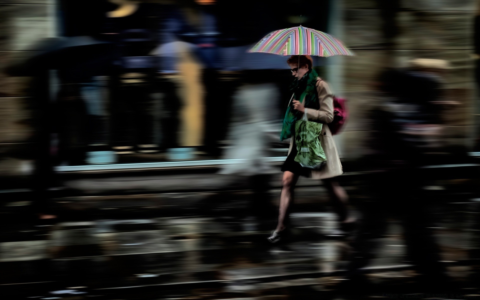 autumn blur street umbrella rain road motion adult transportation system action woman city hurry man girl one fast race urban vehicle