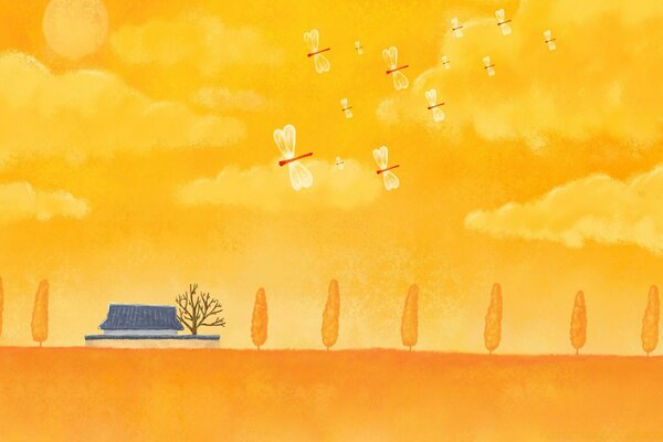 Beautiful drawing, yellow sky of dragonflies