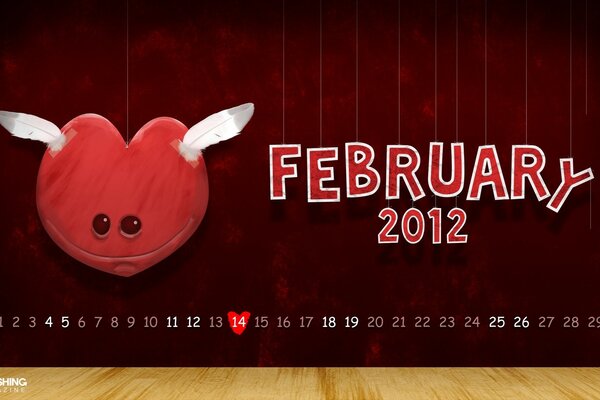 Calendar for the month of February with the image of a heart