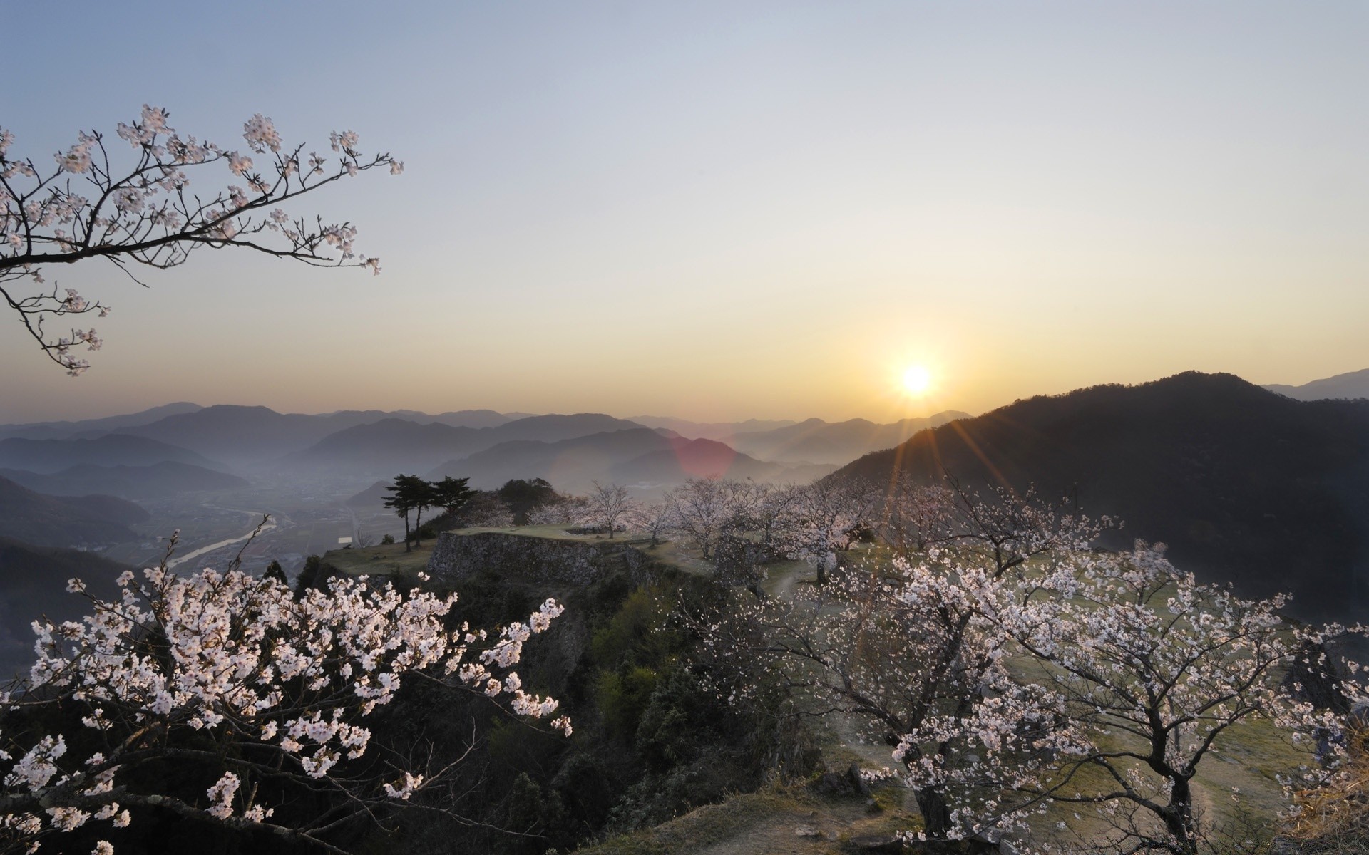 spring landscape tree dawn sunset sky nature sun mountain travel outdoors light fair weather fog dusk scenic flower