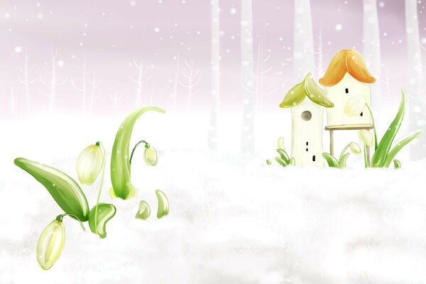 Desenho de snowdrops e casas de conto de fadas