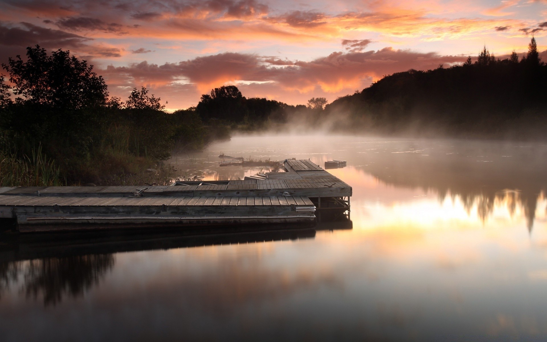 lake dawn water sunset reflection river landscape nature sky sun fall fog light travel evening outdoors dusk