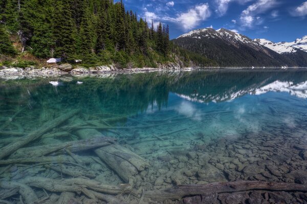 Paisaje de lago transparente y montañas nevadas