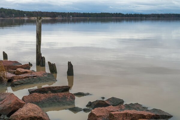 Granite stones on the lake shore