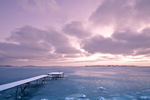 Icy lake and purple sky