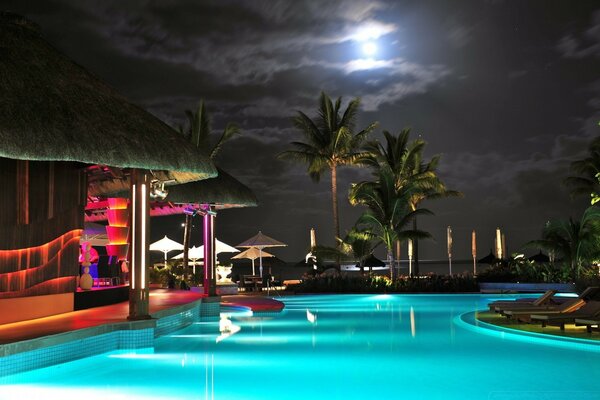 Nuit brumeuse au bord de la piscine d été