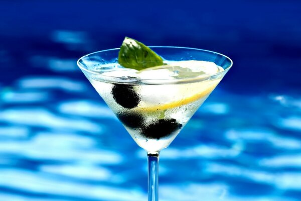 Cocktail in un bicchiere appannato con limone, menta e olive