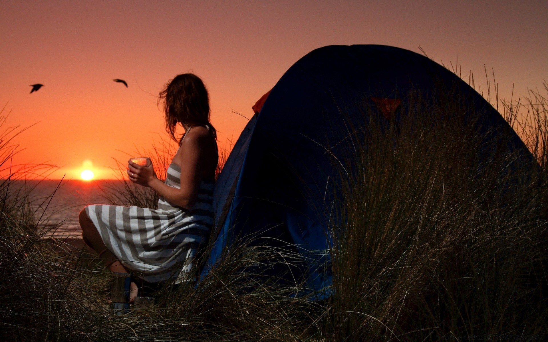 summer sunset dawn sun woman evening girl landscape dusk tent nature light adult sky portrait outdoors beach grass travel