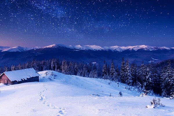 Wooden house under the open sky with stars