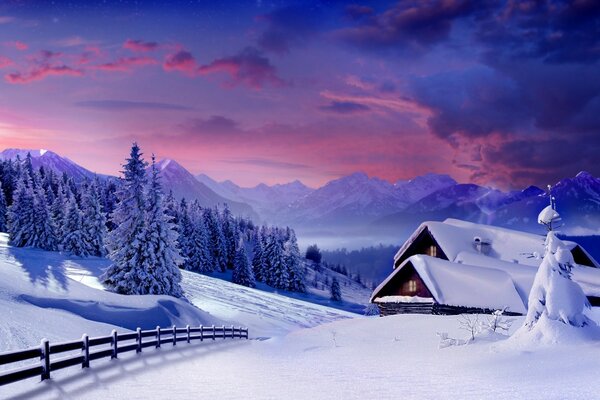 A lonely house in the snowy mountains