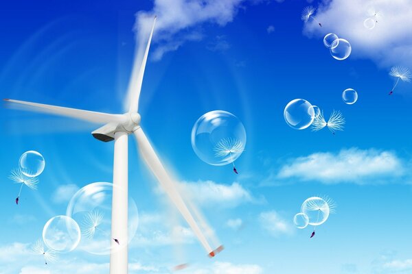 Wind generator against the sky dandelions soap bubbles