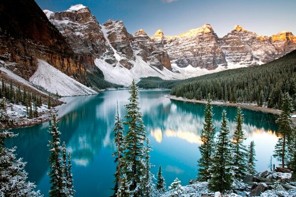 Turquoise lake among the cold mountains