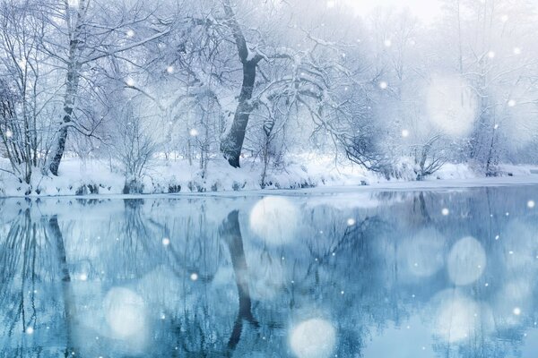 Frosty winter with a frozen river