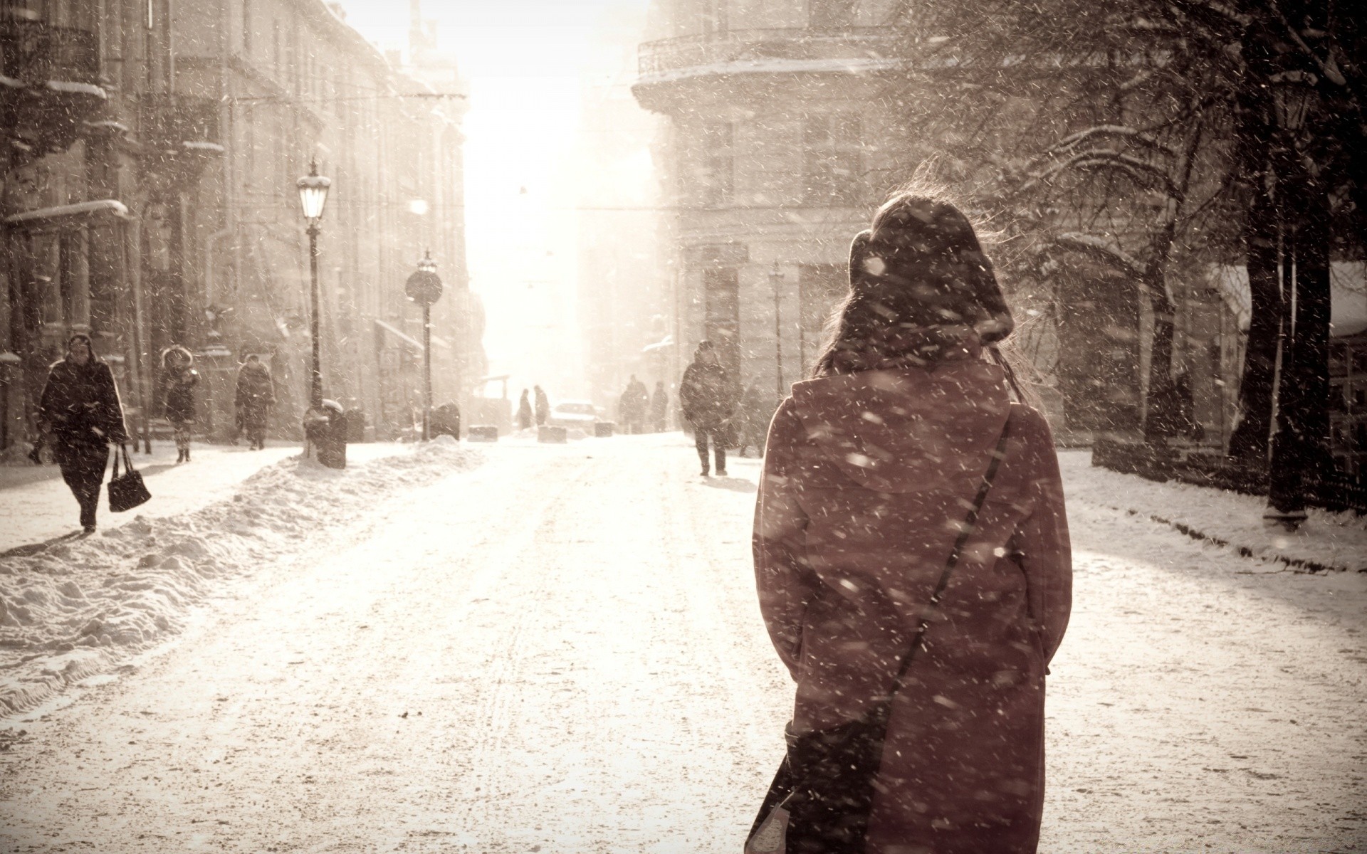 winter street adult one man road wear snow group woman monochrome