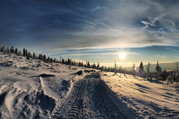 Landschaft der Morgendämmerung auf der Winterstraße