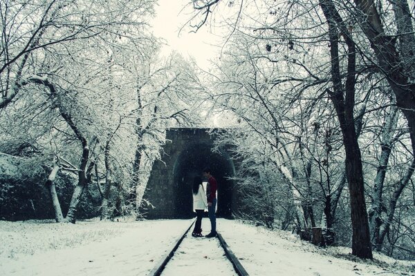 Túnel ferroviario entre los árboles de invierno