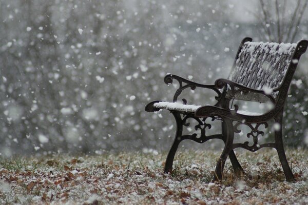 A lonely bench under the flakes of snow