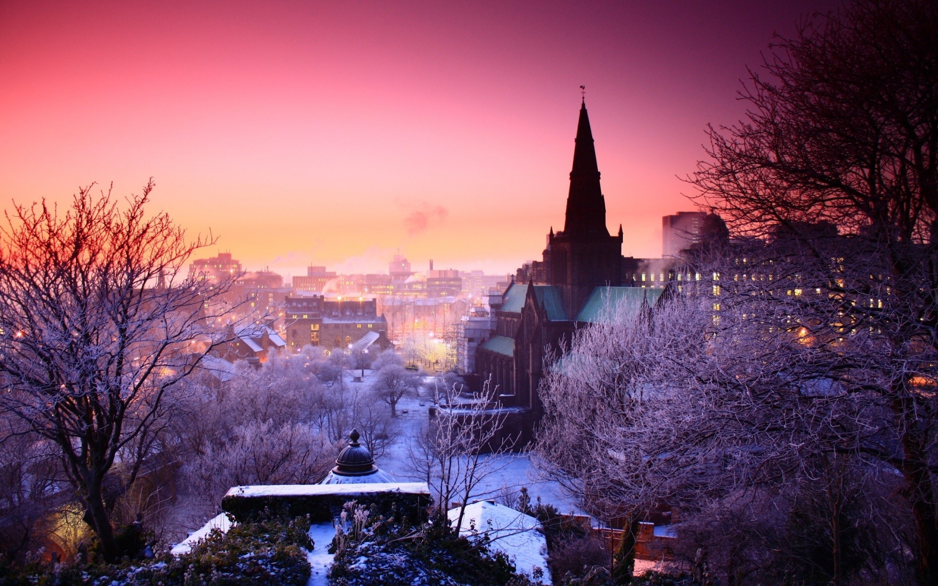 winter dusk evening sunset sky travel architecture dawn outdoors landscape church tree building snow city religion light tower scenic