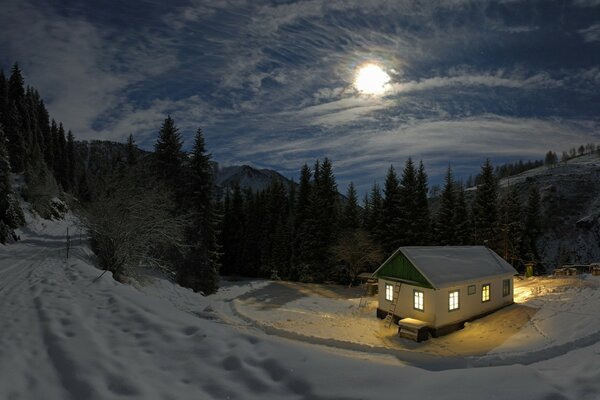 Casa solitaria en el bosque por la noche