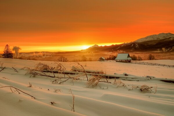 Sonnenuntergang und ein schneebedecktes Feld