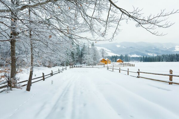 Die Straße im Bergland ist mit sauberem Schnee bedeckt