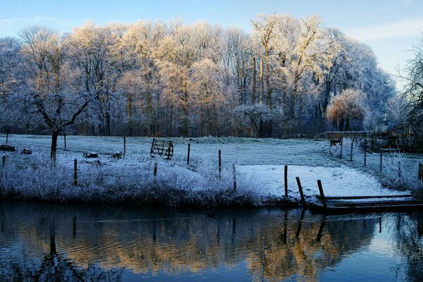 Winterlandschaft am ruhigen Wasser