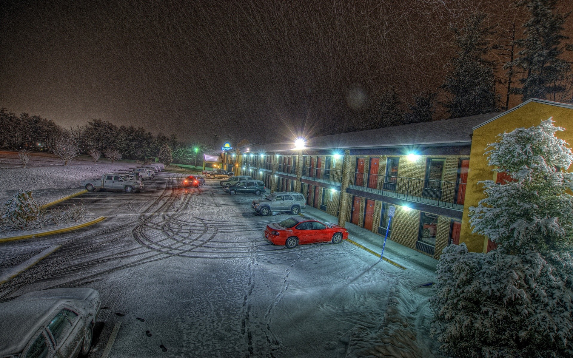 winter snow light road travel city street landscape evening transportation system weather tree vehicle storm car