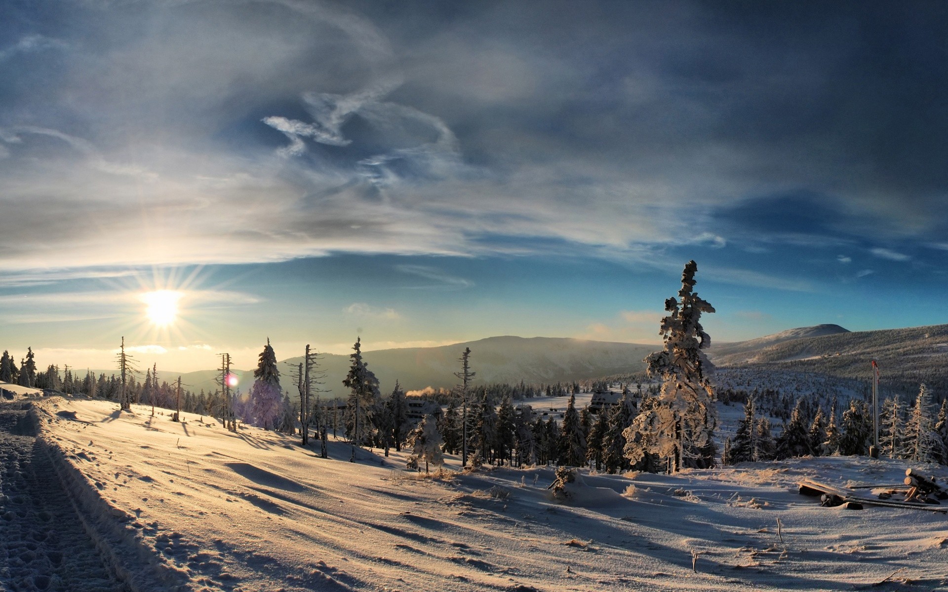 winter snow sunset dawn sky travel landscape cold nature sun evening frost light