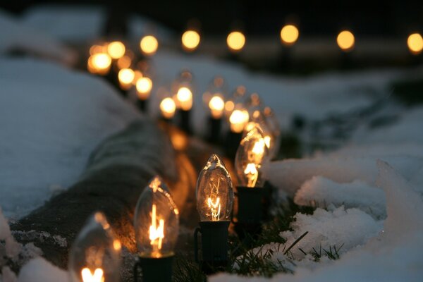 Christmas lights on white snow