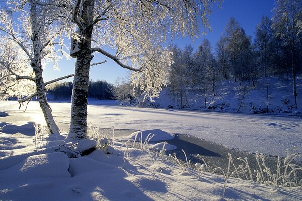 Winterlandschaft eines gefrorenen Flusses