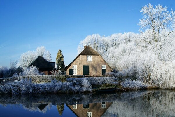 A house on the lake in winter