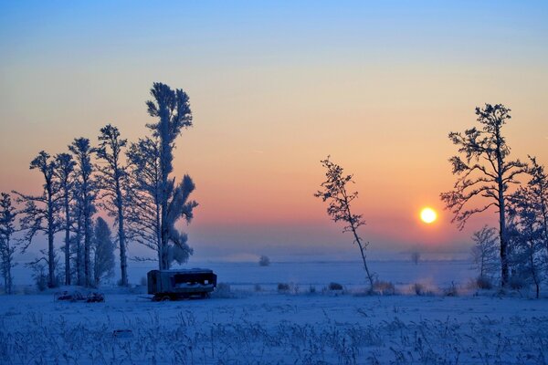 Winter landscape frosty sunrise