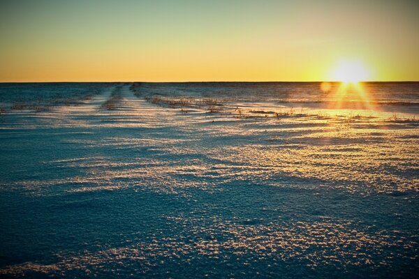 Puesta de sol en la estepa invernal