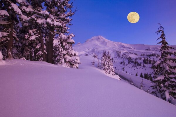 Full moon on a snowy winter evening