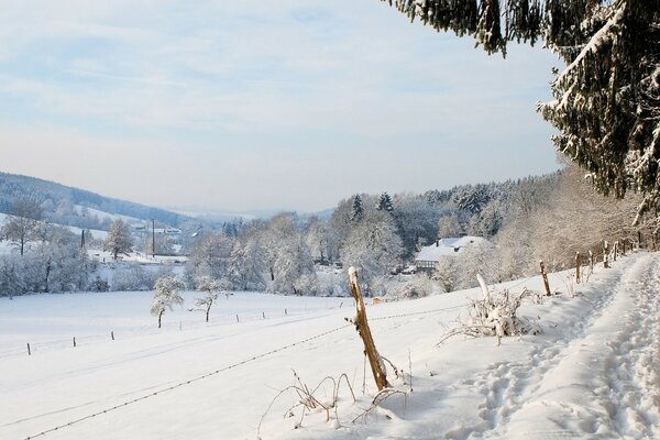 Berge, Wald im Winter im Dorf